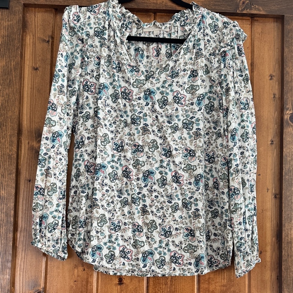 LOFT Cream Floral Long-Sleeve Blouse with Teal & Pink Accents